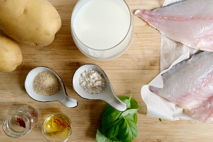 Orata allo zafferano con purè di patate al basilico